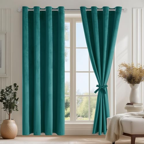 DWCN Cortina De Terciopelo Turquesa, Lote De 2 De B140 X H225 cm, Cortina Lujosa Moderna Y Suave con 2 Barras, Opaca, Térmica, Aislante, Anti-Calor, De Terciopelo para Dormitorio, Salón, Oficina