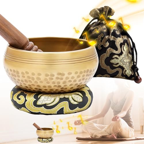 Tibetische Klangschalen Set Ø8cm: Klangschale Klein mit Holz Klöppel Klangschalenkissen und Aufbewahrungsbeutel, Tibetisches Klangschalen Set für Meditation, Yoga, Chakra, Meditationszubehör