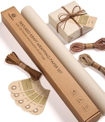 Vitalizart Rotolo di Carta da Regalo Kraft 43 cm x 5 m con Nastri di Spago & Biglietti Regalo, Set di Carta da Regalo Beige per Confezionare Regali di Natale, Compleanni, Baby Shower e Matrimoni