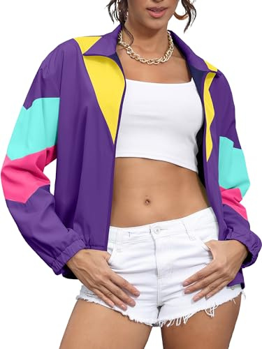 UOUA 80s Windbreaker Jacket for Women Retro Neon Color Block Patchwork Wind Breaker Long Sleeve Reversible Casual Coat Purple XL