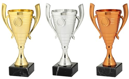 tecnocoppe Tris Coppe economiche h 22,00 cm 1° 2° 3° Classificato Oro Argento Bronzo Targhetta Personalizzata Omaggio