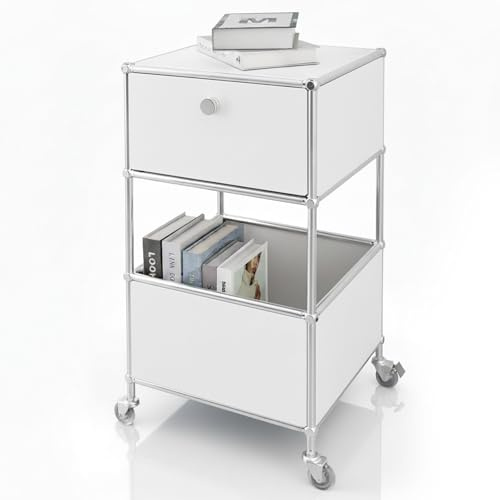 KARAT Metallregal Weiß – Rollregal mit 2 Ablagen (B40×T40×H69 cm) – Pulverbeschichtetes Gestell verchromt – Praktisch & stilvoll – Concept Epure MK-145