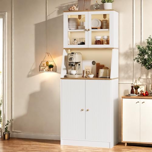UTTQEW Köksskåp, bufféskåp med LED, skänk med bänkskiva och skjutdörrar, köksbuffé med justerbar hylla, högskåp för vardagsrum, matsal, 70 x 40 x 180 cm (vit)