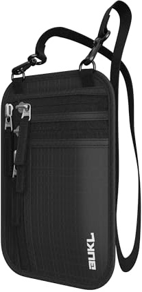 BUKL Navigator Travel Neck Wallet; RFID Blocking Pouch and Passport Holder for Travel with Neck and Waist Carry Modes; Travel Document Holder for Passports, Cards, Cash and Mid-Size Phones (Black)