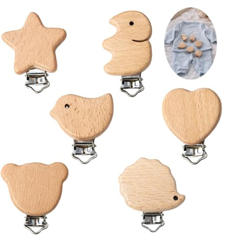 6 Stück Holz Clips Natur, Holzclip mit Metallverschluss, DIY Bastelclip mit Tiermotiven, geeignet für Textilien, Taschen und Handarbeiten