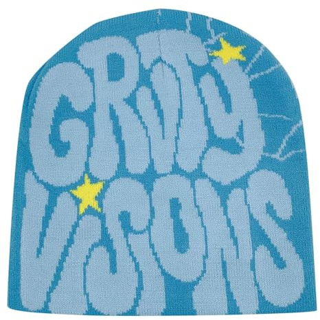 Y2k Beanie Mütze,Slouchy Beanies Mode,Wintermütze,Winter Warme Strickmützen mit Buchstabendruck,Knitted Hat,Haube,Schwarz mit Grau Schrift,Coole,für Hip Hop,Herbst,Streetwear,Alltagsgebrauch,Unisex