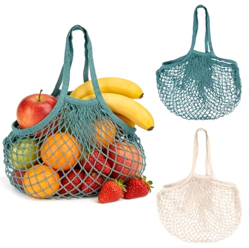 2 Stück Baumwolle Einkaufsnetz Tasche,56cm Beige Gemüse einkaufsnetz | Beige Netztasche Sandspielzeug,einkaufsnetzs Obst,Einkaufsnetze für Obst und GemüSe mit Langem Griff,für Einkaufen,Strand