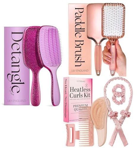 Purple Glitter Detangling Brush with Rose Gold Paddle Brush and Swirl Print Heatless Curling Kit – Complete Hair Care Bundle for Tangle-Free Styling and Heat-Free Curls