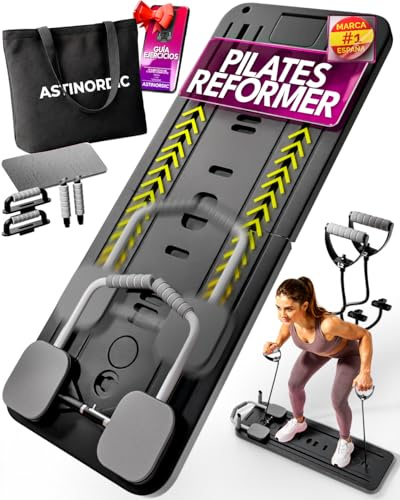 ASTINORDIC Reformer de Pilates Plegable con Accesorios y Guía de 10 Ejercicios | Ideal para Casa, Gimnasio y Rehabilitación | Mejora Fuerza y Flexibilidad | Diseño Compacto y Portátil (Negro)
