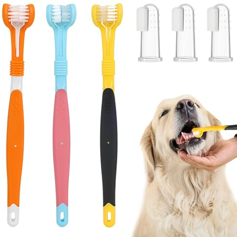 Spazzolino da Denti per Animali Domestici, Set da 6 Pezzi – 3 Spazzolini a Dito in Silicone + 3 Spazzolini a Tre Teste per Cani, Ideale per la Pulizia dei Denti di Cani e Animali Domestici
