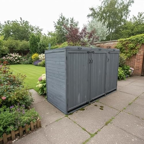 InTheMarket Deluxe 3-Bay Wooden Wheelie Bin Storage - Grey Triple Bin Shed with Gas Struts, Hydraulic Arms & Lockable Doors – Garden Waste Hideaway for 240L Bins (196 x 85 x 127 cm)