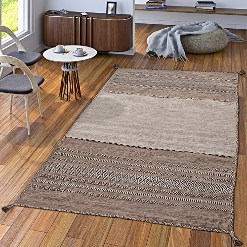 TT Home Handwebteppich Wohnzimmer Natur Webteppich Kelim Modern Baumwolle Streifen Beige, Größe:160x220 cm