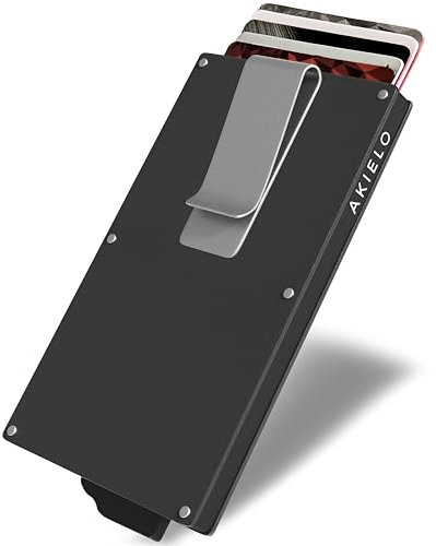 AKIELO Porta Carte di Credito con Blocco RFID con Ferma soldi in Confezione Regalo – Portafoglio Uomo Slim – Porta Tessere Uomo dal Design Minimalista (ALPHA - Edizione Titanio con Fermasoldi)