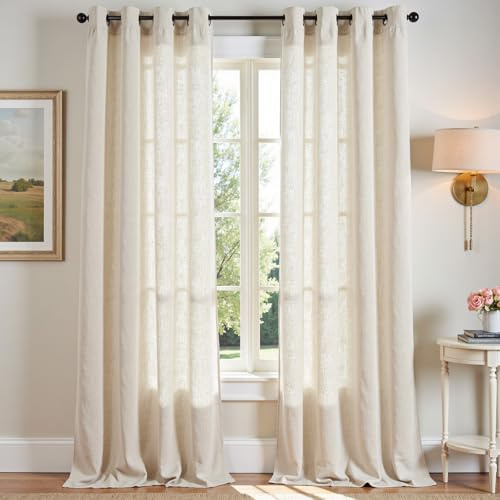 JINCHAN Linen Curtains for Living Room Beige Grommet Top Window Treatment Set for Bedroom 2 Panels 96 inches Long Crude