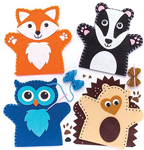 Baker Ross AR637 Woodland Animal Hand Puppet Sewing Kits (Pack of 4) for Kids Arts and Crafts