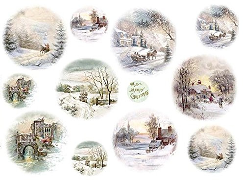 Zita`s Creative Reispapier A3 - Winterlandschaft mit Schlitten. Motiv-Strohseidenpapier, Weiß mit goldenem Schimmer, Dekorationspapier