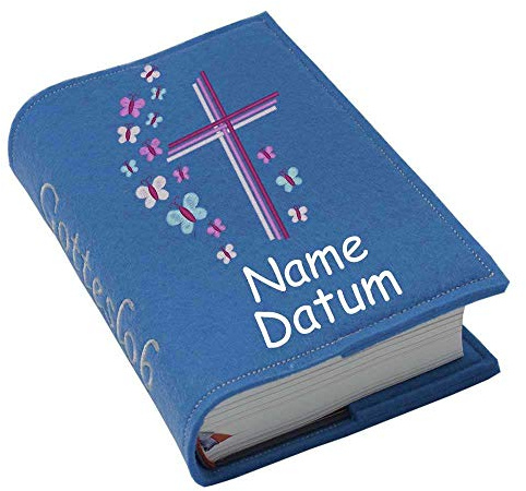 Gotteslob Gotteslobhülle Hülle Kreuz Schmetterlinge lila pink Filz Namen bestickt Einband Umschlag personalisierte Gesangbuchhülle, Farbe:blau