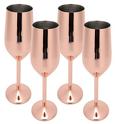 Tissting Weingläser Edelstahl, Premium Spiegel Polierte Weinkelch Champagner Gläser 4er Set Roségold für Familie Party Bar Restaurant
