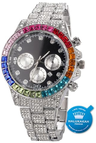 Halukakah Diamanten Gold Uhr,Herren 18K Echtes Gold/Roségold/Platinplattiert Weißgold 40MM Breite Mehrfarbig Schwarz Zifferblatt Quarz mit Kubanischer Kette Halskette Armband,Kostenlose Geschenkbox
