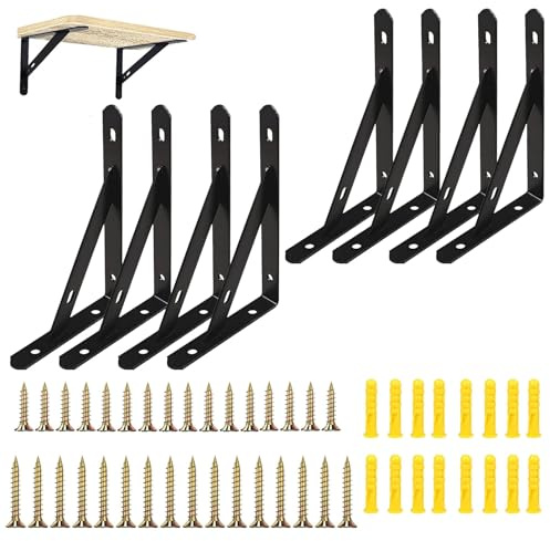 8 pcs Equerre Etagere Murale Noire Equerre Fixation Murale Support Étagère Murale Triangulaire Metal Equerre Murale Charge Lourde avec Vis pour Déco Cuisine Chambre Meubles 20×12cm (Charge 30kg)