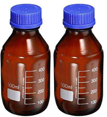 PATIKIL 500mL Reagenz Medien Flasche, 2Pcs Runde Graduierte Glas Speicher | Flasche Blaue Schraube Kappe für Labor Zuhause, Bernstein