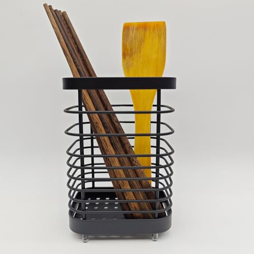 Simpcozy Utensil Holder, Stainless Steel Cutlery Drainer Sink Caddy, Rust Proof Sink Tidy Kitchen Sink Organiser, Cutlery Organiser for Kitchen Utensil (Black plus)