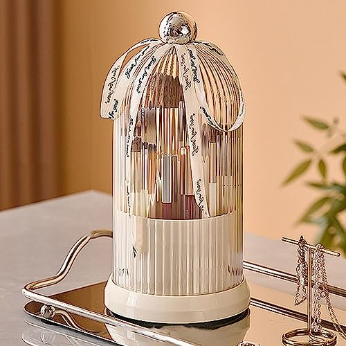Ezebesta Soporte para brochas de maquillaje, organizador giratorio de 360 grados con tapa transparente, a prueba de polvo, contenedor para brochas de maquillaje para tocador con bonita cinta