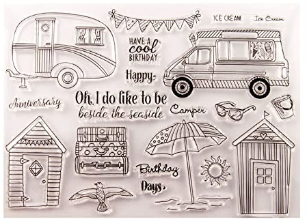 Bianriche Reise Camper Haus Strand Silikon Stempel mit Stanzschablonen Schablonen Set für DIY Kartenherstellung Scrapbooking Prägung Fotoalbum Stempel
