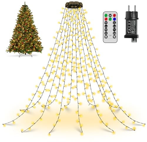 Ollny Lichterkette Weihnachtsbaum 2.5M, 300 LED Lichterkette außen innen 12 Stränge mit Ring Timer, 8 Modi wasserdicht Weihnachtsbeleuchtung außen für 150cm 180cm 240cm Baum(warmweiß)