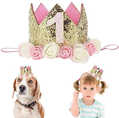 Cisixin 1 Pezzi Principessa Fiore Corona,Cappelli per Compleanni,1 Neonati Corona Principessa Crown Fascia Accessori per Capelli Compleanno,Rosa