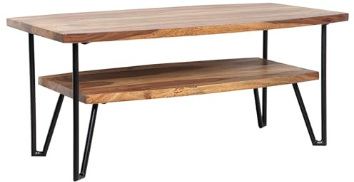 FineBuy Couchtisch 90x50x40 cm Sheesham Massivholz mit Stauraum | rechteckiger Wohnzimmertisch Industrial mit Metallgestell, Sofatisch aus Echtholz, handgefertigt