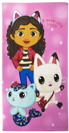 Gabby's Dollhouse Kinderhandtuch, Rosa, 70 x 140 cm, aus 100 % Polyester, 250 g/m², kleines Handtuch mit Aufdruck Gabby, Panty und Gatirena, Originalprodukt, entworfen in Spanien