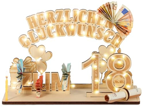 18. Geburtstag Mädchen Junge Geldgeschenk Holz mit LED Lichterkette Ständer | Geschenke für 18 Jahre Geburtstag - Personalisierte Gästebuch Geburtstagsgeschenk