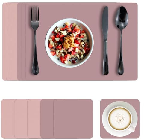 Bazasa Tischsets 6er Set Kunstleder Abwaschbar und Tischuntersetzer Hitzebeständig Doppelseitige Platzdecken rutschfest Platzset mit Untersetzer für Hause Küche Restaurant und Hotel (VioletRed&Rosa