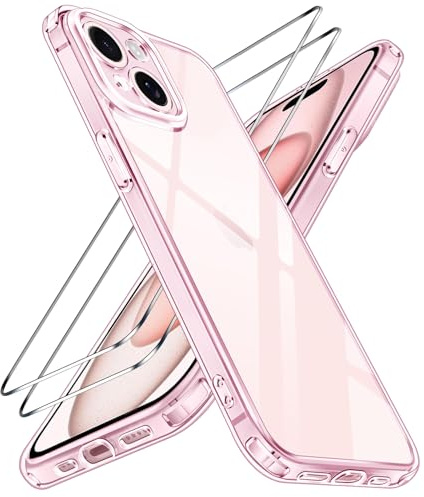 iVoler 3 in 1 Cover per iPhone 15 6.1 pollici con 2 Pezzi Pellicola Vetro Temperato, Non Ingiallente,Antiurto Cellulare Paraurti Custodia, Protezione Fotocamera,Anti-Graffio Retro Trasparente (Pink)