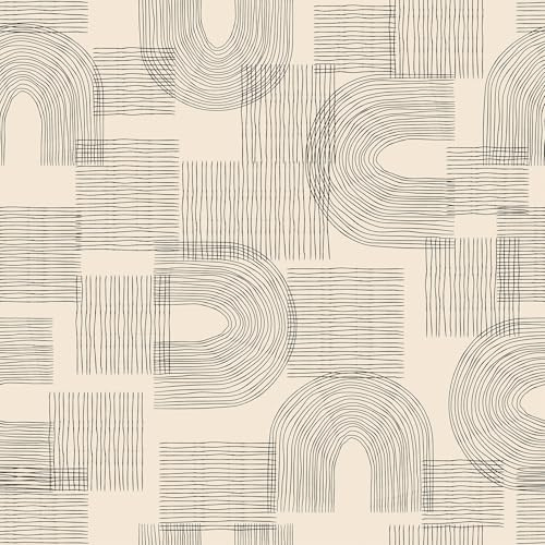 Livelynine Papier Peint Adhesif Mural à Motif Geometrique Beige 44.5CMx7M Papier Adhesif pour Meuble Cuisine Rouleau Adhésif Decoratif Beige et Noir Papiers Peints Chambre Adulte Salon Style Abstrait