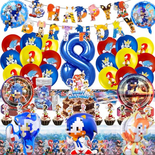 89PCS Birthday Party Decorations, 8th Cartoon Birthday Tableware Supplies, Theme Birthday Party Supplies Banner Foil Balloons Cake Topper Paper Plates Cups Tablecloth Napkins for Kids