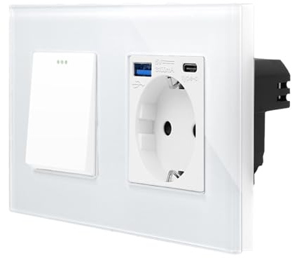 Luxus-Time Wippschalter Steckdose USB-A/C Schuko Einbau UP 20W Schnellladefunktion Wechsellichtschalter Mehrfachstecker 2-fach (Glasrahmen Lichtschalter mit USB-A/C Steckdose, Weiß)