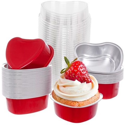 Sucrain 50 Set Aluminum Foil Heart Cake Pan with Lids, 3.4oz/100ml Mini Heart Shaped Cake Pans with Lids Disposable Valentine's Heart Shaped Cupcake for Valentine's Parties Wedding (50, Red)