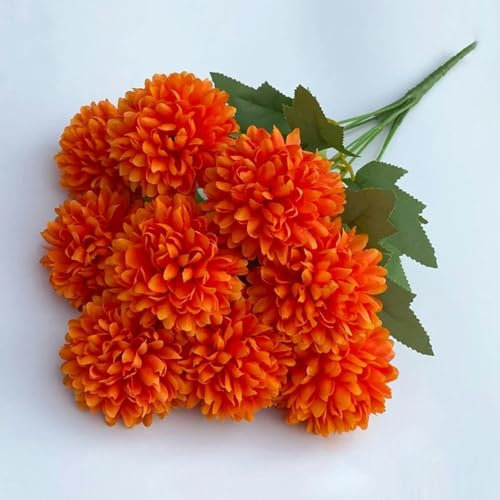 YTETDE 9 têtes de Fleurs artificielles Boule de chrysanthème Hortensia décor Bouquet de Plantes Vertes Bouquet de mariée décoration de la Maison Bricolage-Orange foncé