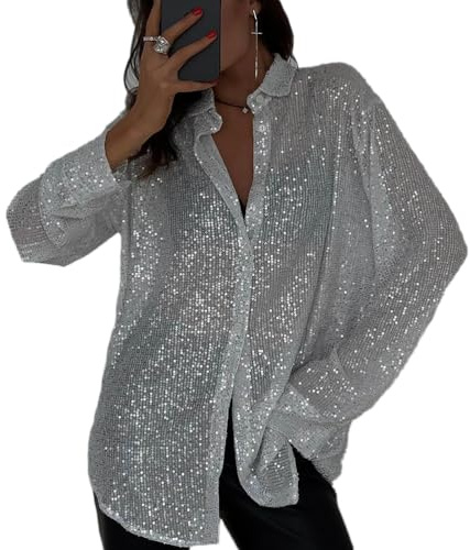 shownicer Damen Pailletten Bluse Elegant Button Down Glitzer Langarmshirt Sexy V-Ausschnitt Pailletten Oberteil Party Cocktail Hemd