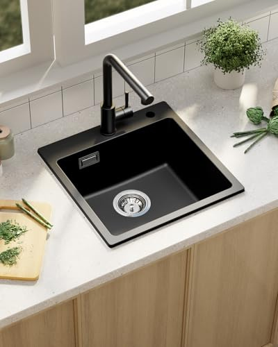 Sofetiy Evier Cuisine En Granit Noir, Evier 1 Bac 45x45cm, Évier De Cuisine Avec Siphon, Évier Rectangulaire Avec 2 Trous Pour Robinet, Facile À Nettoyer