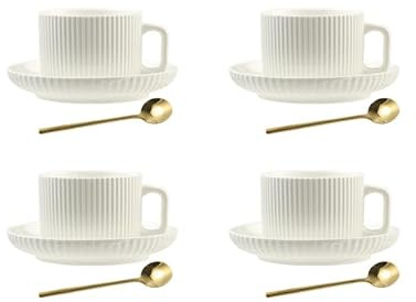 AYUCIA 5 Ounce Espresso Cups Set of 4, Small Coffee Cups with Saucers and Spoons, White Cream Ceramic Demitasse Espresso Mugs