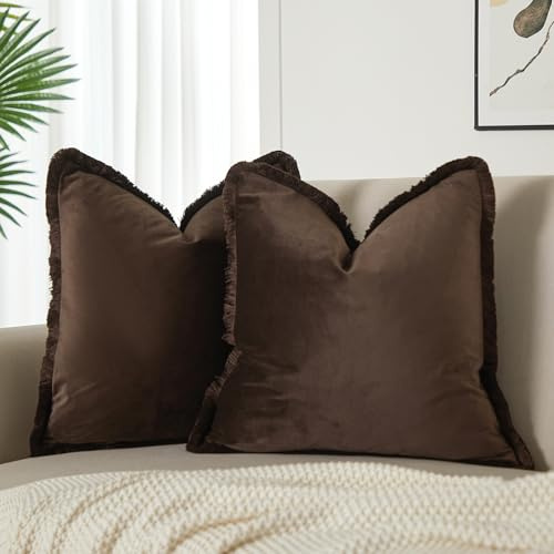 JUSPURBET Pack of 2 Coffee Decorative Fringe Velvet Throw Pillow Covers 20x20 for Home Decor Living Room Bedroom Car Boho Soft Cushion Cover with Hidden Zipper Machine Washable