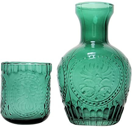 Bedside Water Carafe Glass Set, Vintage Night Water Carafe and Tumbler, 1200ml Hot Cold Beverage Water Jug with 350ml Cup, Retro Relief Nightstand Pitcher for Juice, Wine, Home Decor (Green)