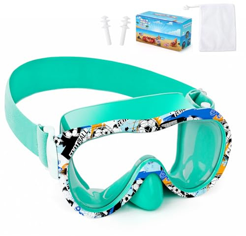 Kids Swim Goggles with Nose Cover, 180° Panoramic Snorkel Mask with Anti-Fog & Anti-Leak Design, Comfort Fabric Strap UV Protection Lens for Boys Girls Ages 3-15