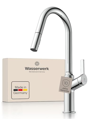 Wasserwerk WK12 Küchenarmatur - Design-Wasserhahn Küche - Chrom - Herausziehbare Brause - Armatur mit Energiesparfunktion & Verbrühschutz - Premiumqualität Made in Germany