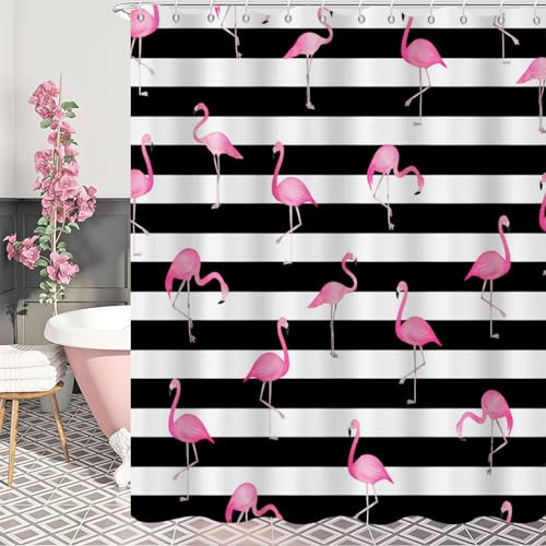 GCIREC Duschvorhang, 180x200cm, Schwarz und Weiß gestreift Rosa Lustiger Flamingo Wasserdichter und Schimmelresistenter Stoff Badezimmervorhang Maschinenwaschbar mit Häkchen
