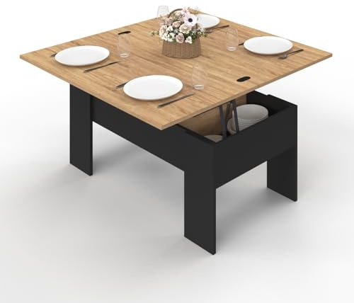 IDMarket - Mesa de centro con tablero elevable rectangular Tara madera negra e imitación haya