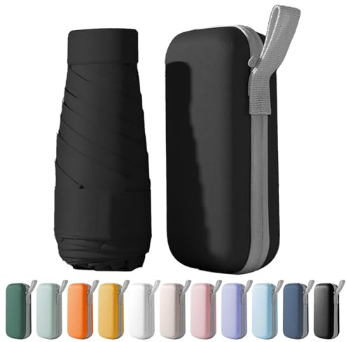 FANSEZQ Mini Ombrello da Viaggio, Ombrello Pieghevole Ultra Leggero e Portatile per Tasca - Ombrellino da Sole e Pioggia con Protezione UPF 50+ - Impermeabile e Anti-Vento (Nero)